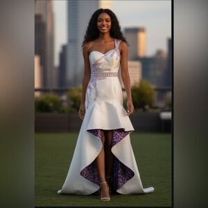 Terani Couture White Beaded Gown w/ Purple Leopard Lining Sz 6